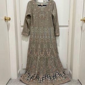 Gray & Navy Pakistani Outfit 3 Piece - shirt (like gown), pants, scarf
